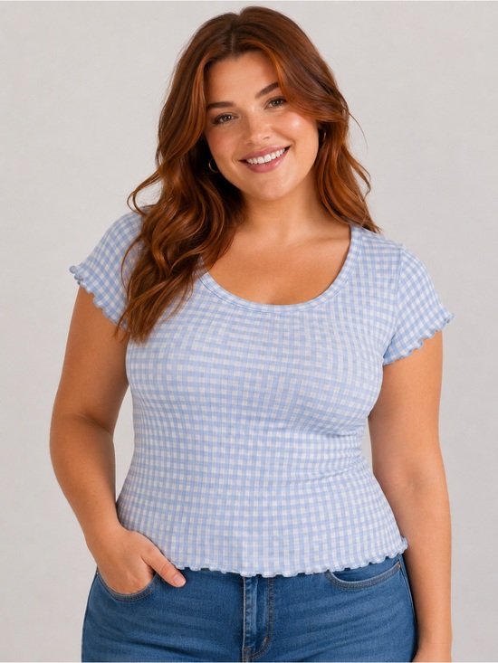 Laura Ashley Tops - Laura Ashley Women’s XL Light Blue & White Gingham Scoop Neck Short Sleeve Top